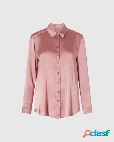 Camicia rosa in raso di misto seta dalla linea dritta con