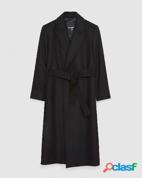Cappotto lungo nero in panno di lana con rever a lancia e