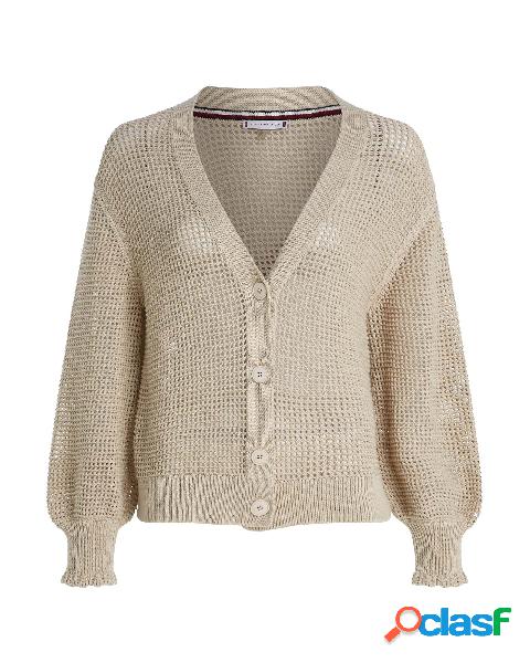 Cardigan beige in maglia di cotone con lavorazione crochet