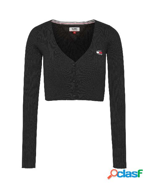 Cardigan nero a costine dal taglio cropped con patch logo al