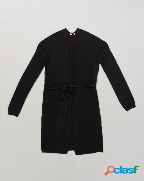 Cardigan nero lungo in misto lana con chiusura tramite