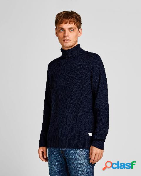 Dolcevita blu in misto cotone a coste inglesi con maniche