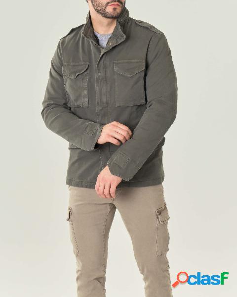 Field jacket verde militare in cotone stretch con fodera