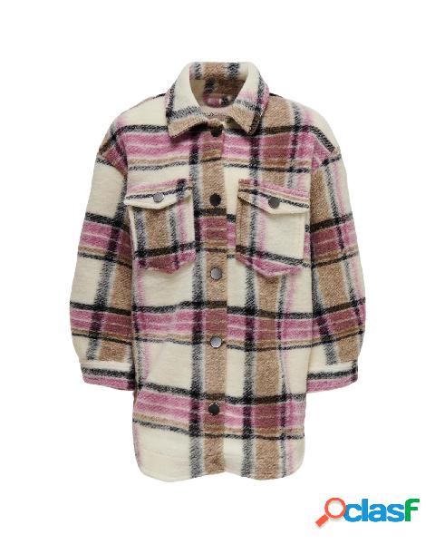 Giacca camicia a check rosa e beige con tasche applicate
