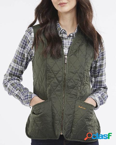 Gilet verde oliva trapuntato con scollo a V e chiusura a