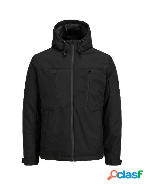 Giubbino nero in tessuto tecnico con cappuccio e tasche con