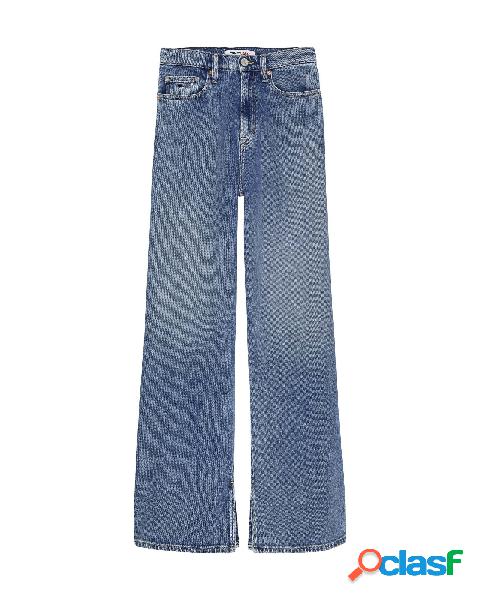 Jeans blu wide fit a vita alta in cotone stretch lavaggio