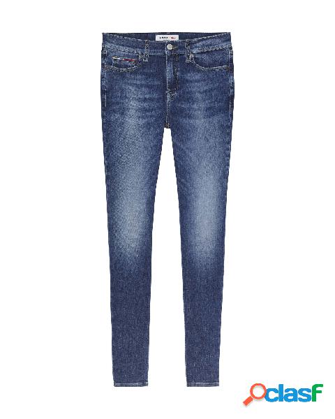 Jeans skinny blu a vita media in cotone stretch lavaggio