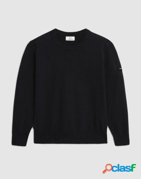 Maglia blu girocollo in misto cotone e lana con logo sulla