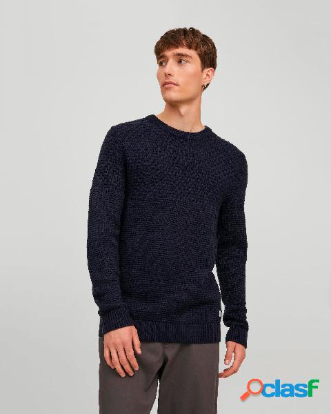 Maglia blu navy girocollo in misto cotone con lavorazione