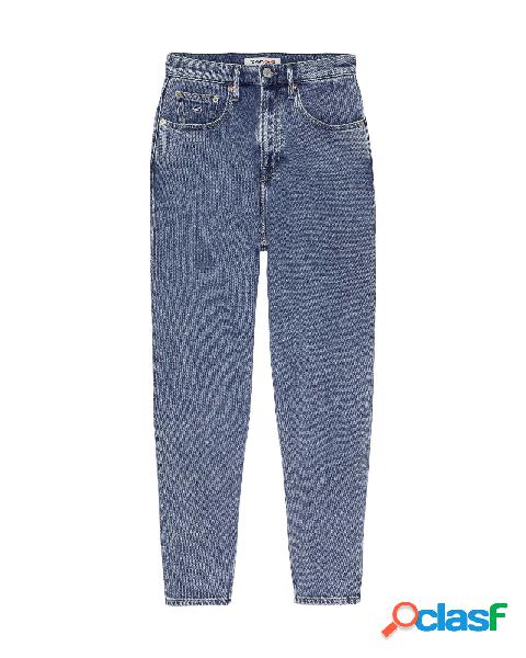 Mom jeans blu a vita alta in cotone stretch lavaggio medio