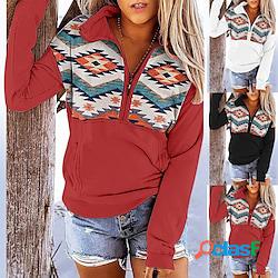 Per donna Felpa con cappuccio Maglione Etnico Cerniera Tasca