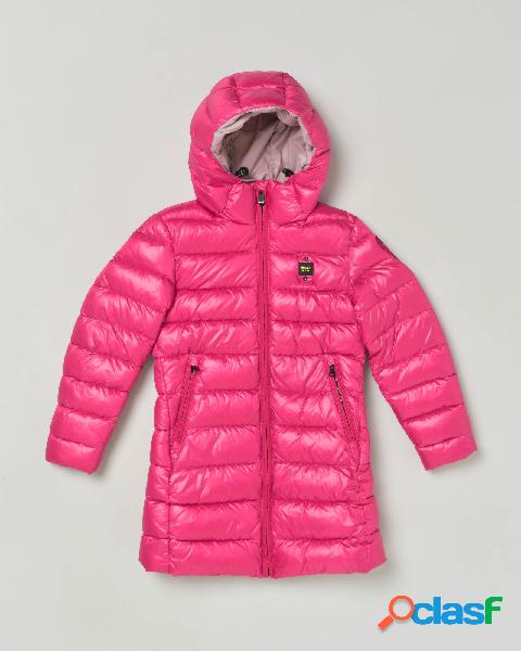 Piumino lungo fucsia in nylon ripstop con cappuccio fisso