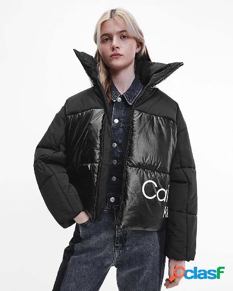 Piumino nero oversize a collo alto in nylon lucido e opaco