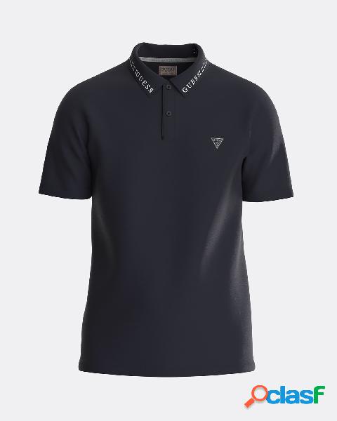 Polo blu in jersey di cotone stretch con logo jacquard