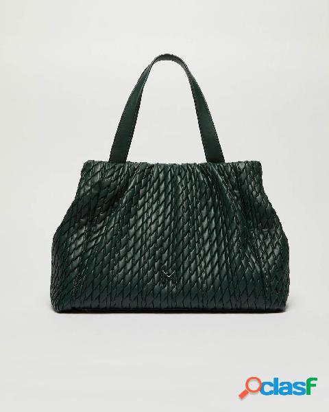 Shopping bag verde bosco in similpelle effetto goffrato con