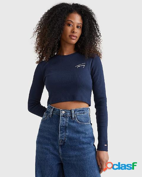 T-shirt cropped blu navy a maniche lunghe in cotone stretch