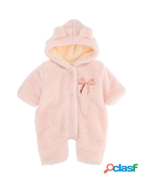 Tutina completa in teddy orsetto rosa con fiocco ricamato