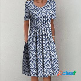 Womens Casual Dress Midi Dress Blue Geometric Short Sleeve