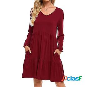 Womens Casual Dress Plain Tiered Dress Loose Dress V Neck