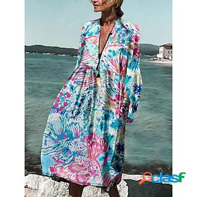 Womens Cover Up Beach Dress Beach Wear Pocket Print Midi
