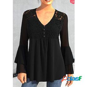 Womens Shirt Blouse Black Pink Lace Button Plain Casual Long