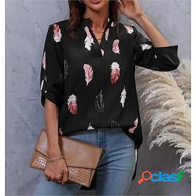 Womens Shirt Blouse Black White Pink Print Feather Casual
