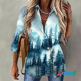 Womens Shirt Blouse Blue Button Print Tree Daily Holiday