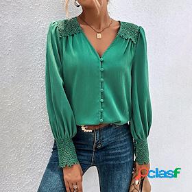 Womens Shirt Blouse Green Lace Patchwork Plain Casual Long