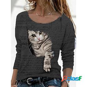 Womens Shirt Blouse Lake blue Black Red Print Animal Cat