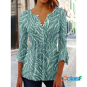 Womens Shirt Blouse Light Green Navy Blue Blue Button Print