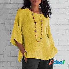 Womens Shirt Blouse Yellow Pink Blue Plain Long Sleeve Round