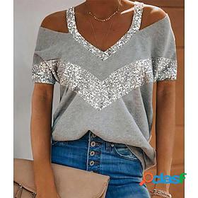 Womens T shirt Color Block V Neck Cut Out Basic Tops Green