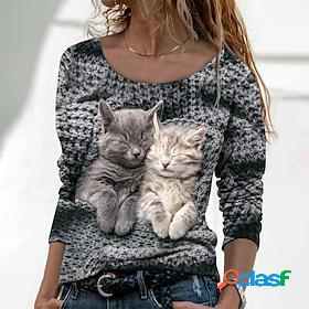 Womens T shirt Tee Dark Gray Print Cat 3D Daily Weekend Long