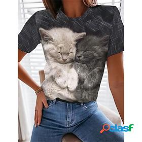 Women's T shirt Tee Gray Cat Home Casual Short Sleeve Round