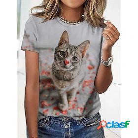 Womens T shirt Tee Gray Cat Home Casual Short Sleeve Round