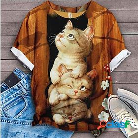 Womens T shirt Tee Orange Green Print Cat 3D Daily Weekend