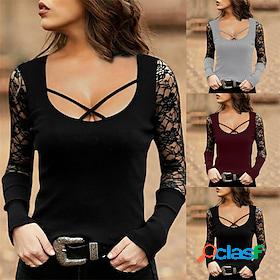 Womens T shirt Tee Patchwork Hole Lace Sweet Solid / Plain