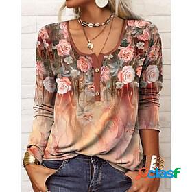 Womens T shirt Tee Pink Navy Blue Blue Button Print Floral
