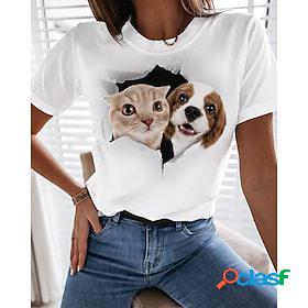 Womens T shirt Tee White Print Cat Dog Casual Weekend Short