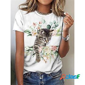 Women's T shirt Tee White Print Cat Home Casual Short Sleeve