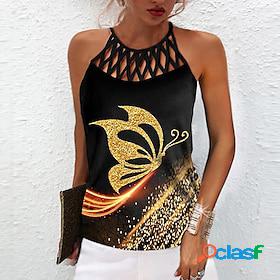 Womens Tank Top Silver Gold Cut Out Print Butterfly Casual