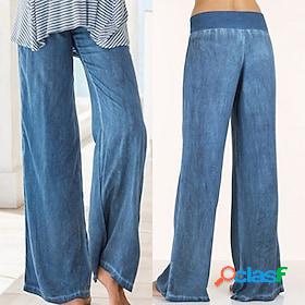 Womens Wide Leg Pants Trousers Faux Denim Black Blue Dark