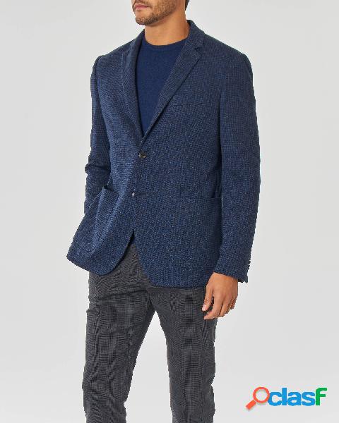 Blazer blu indaco micro pied de poule in misto lana e cotone