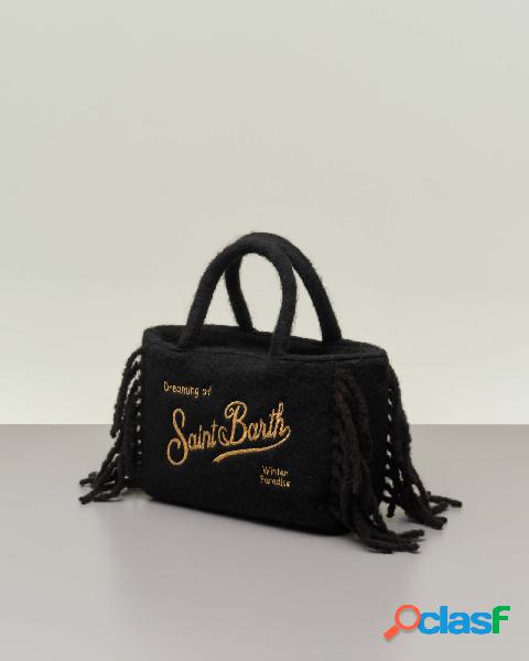 Borsa a mano nera in misto lana cotta e alpaca con scritta