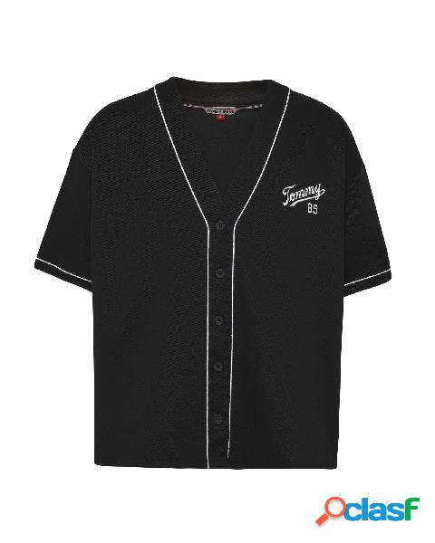 Camicia baseball nera a mezze maniche in twill di cotone