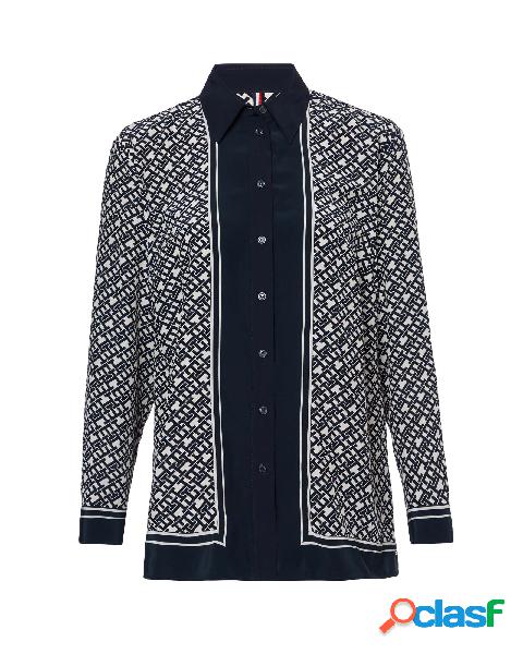 Camicia bianca e blu in raso a motivo monogram con