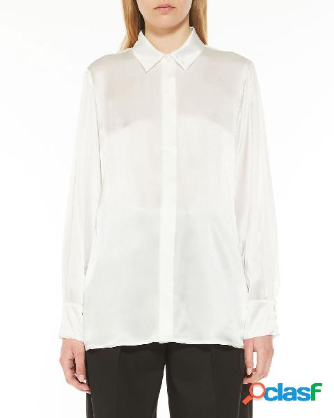 Camicia bianca in raso di misto seta dalla linea dritta con