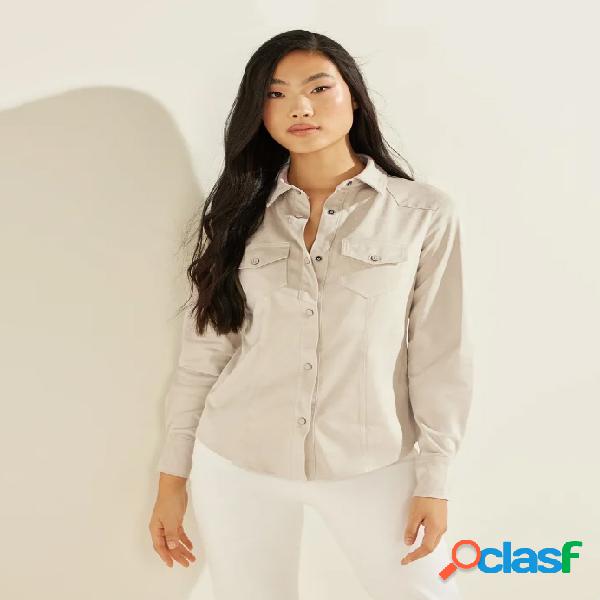 Camicia color gesso in tessuto simil scamosciato con