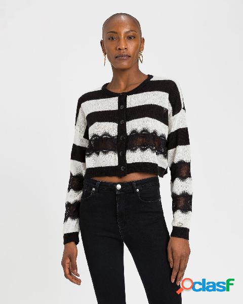 Cardigan cropped a righe bianche e nere in misto mohair con